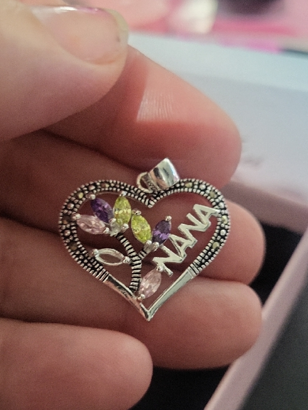 Silver Heart 'NANA' Pendant with Pink, Purple & Green Accents - Picture 5 of 7